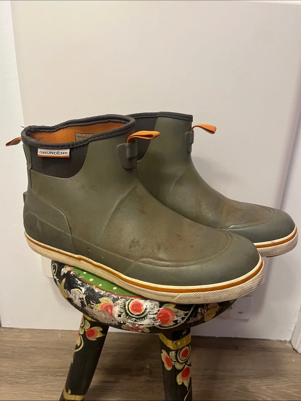 Men's Grudens Olive Ankle Rain Boots PNW boat low tide tide pool marsh garden